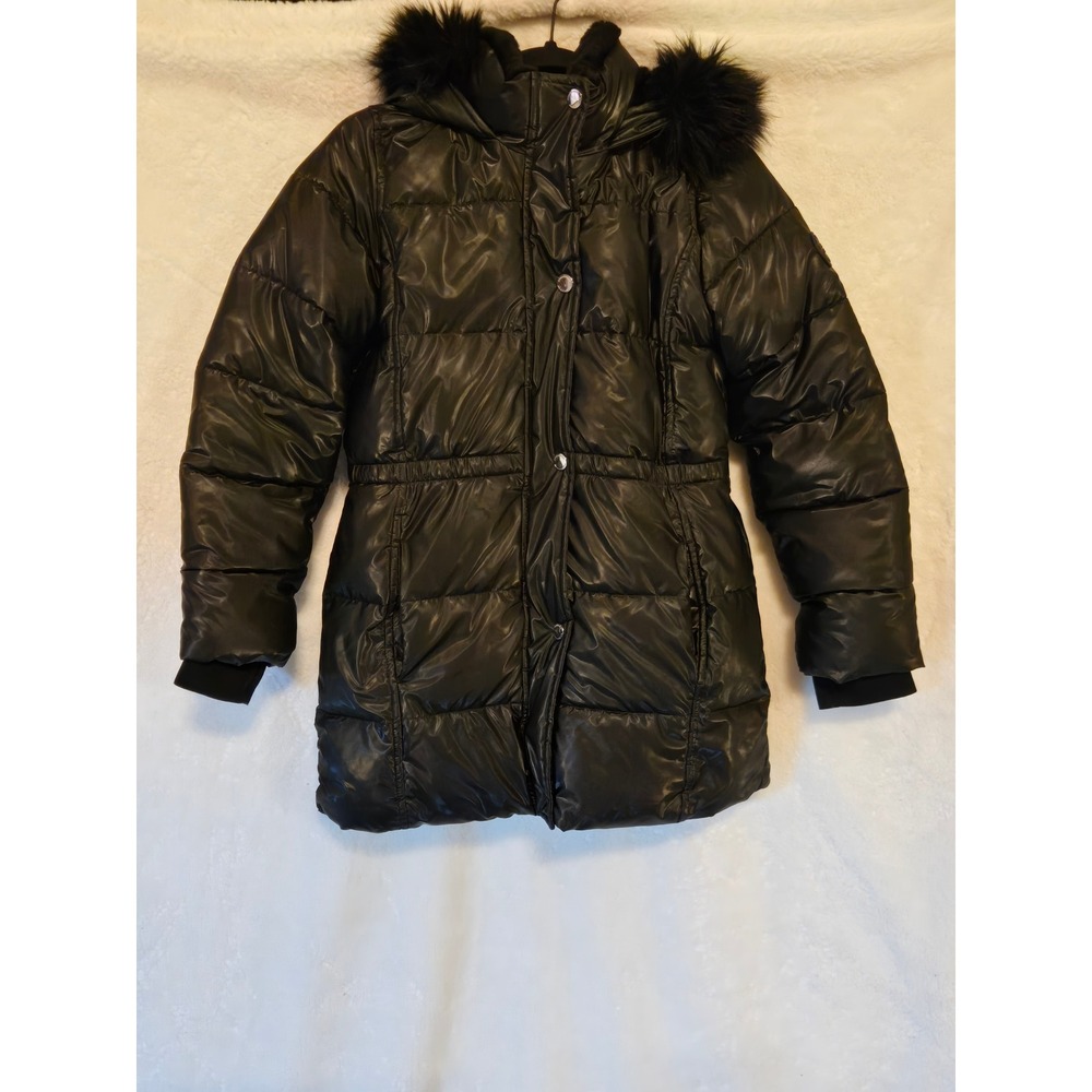 Black Glossy Puffer‎ Jacket with Faux Fur Trim Hood Mid-Length Quilted Coat